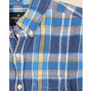American Eagle Button Down Shirt Mens Small Blue Plaid Linen Blend Long Sleeve
